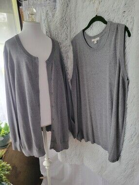 Woman Within Heather Gray Knit Cardigan & Crew Pullover Set
